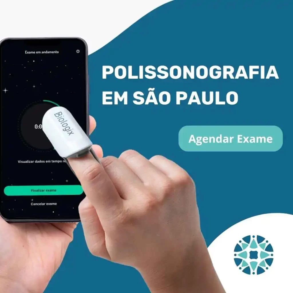 Paciente usando aparelho de polissonografia em São Paulo (domiciliar) para monitoramento do sono, capturando dados respiratórios e cardíacos em casa.