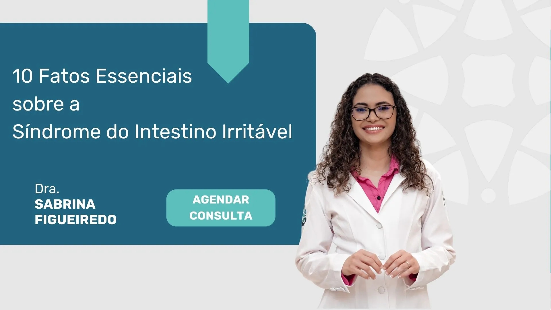 Ilustração explicativa sobre a Síndrome do Intestino Irritável, abordando sintomas da SII, causas da Síndrome do Intestino Irritável, alimentos a evitar na SII, tratamento da Síndrome do Intestino Irritável e controle do estresse na SII, com orientação da especialista Dra. Sabrina Figueiredo.